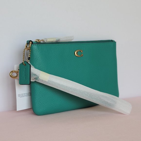 COACH Small Wristlet in Polished Pebbled Leather -Bright Green Color - Picture 3 of 16